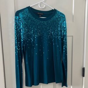 INC International Concepts Teal Sequin Long Sleeve Top
